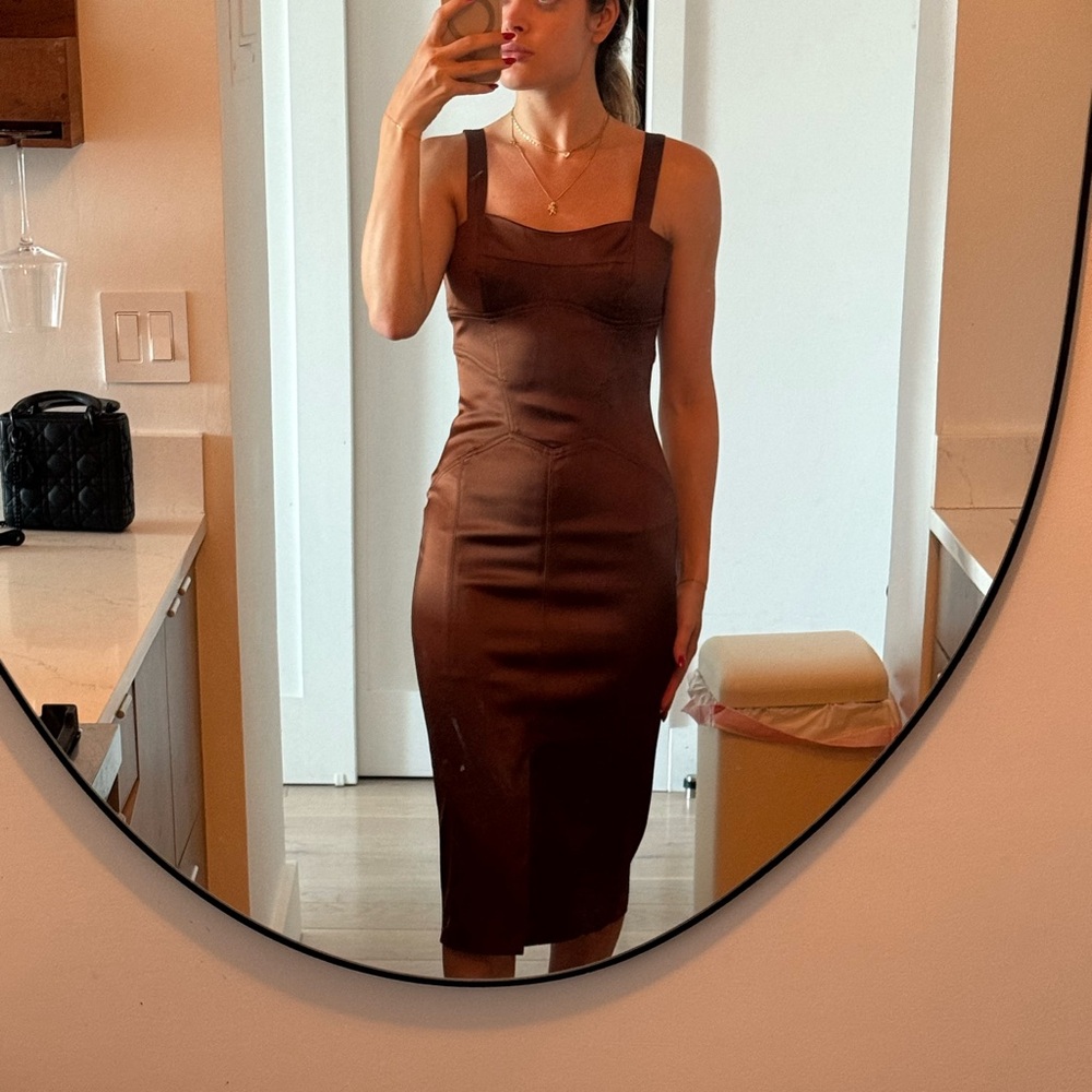 Reiss Madeleine structured bodycon dress Chocolate copper